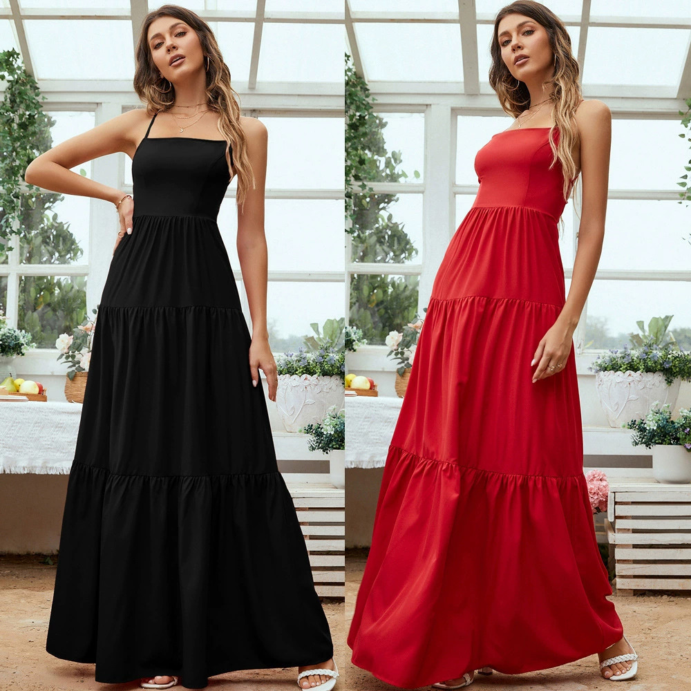 ZARA Plus Size Backless Spaghetti Strap Elegant Flared Evening Dress Waist Tie
